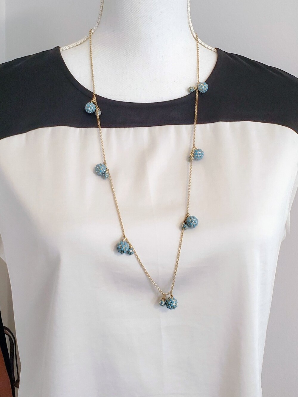 Ann Taylor Gold Turquoise Bead Long Station Boho Necklace 31"